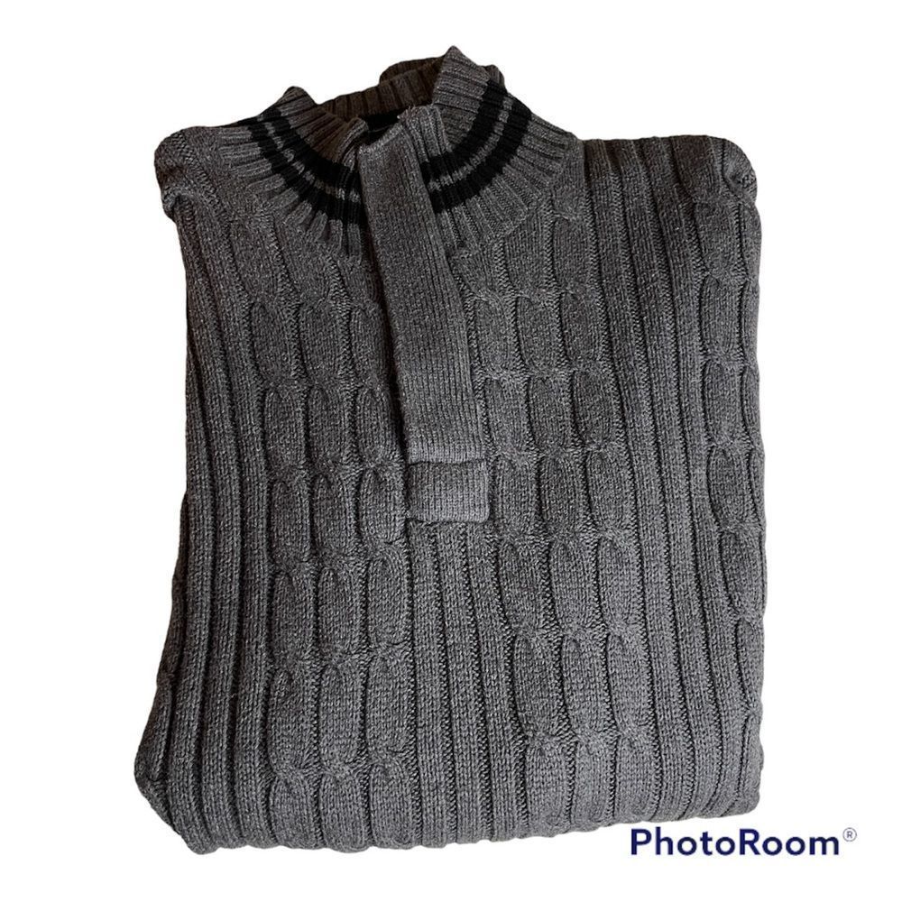 mens nautica sweater xl gray 1/4 zip logo on sleeve fishermen cable knit grandpa